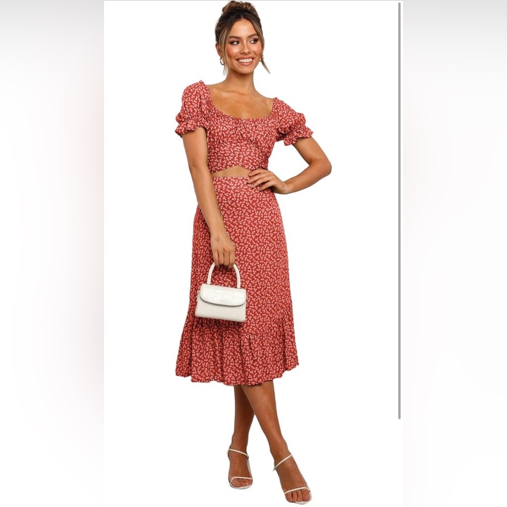 Red Floral Two-Piece Skirt and Crop Top Set
